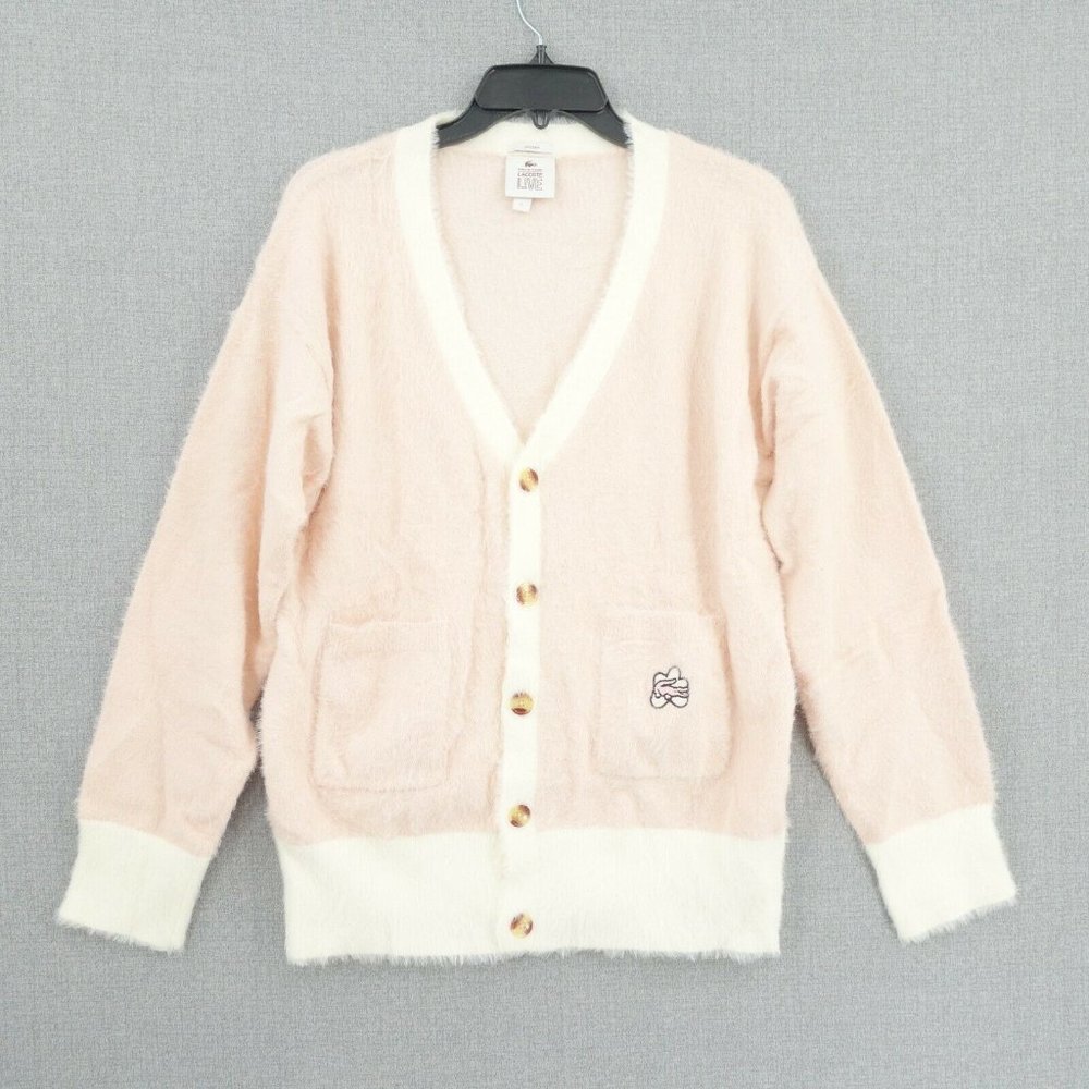 Lacoste Cardigan Sweater Unisex Large Pink V-Neck Golf Le Fleur Button Logo Wool